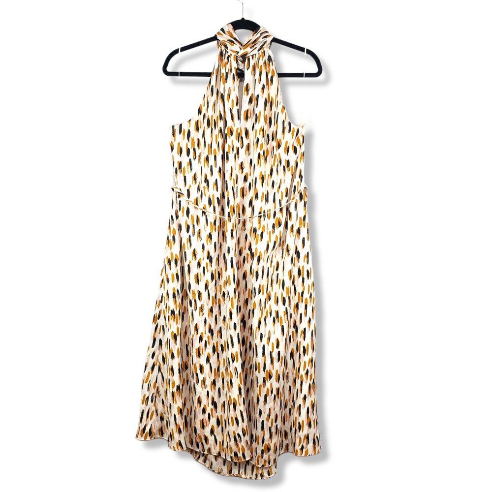 Banana Republic Twist Neck Satin Midi Cream Patterned Dress Size XL